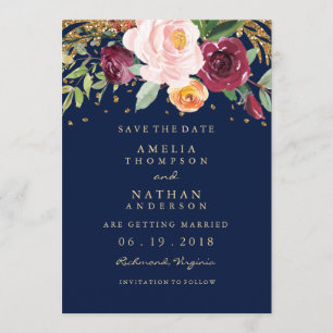 Faire-part de Burgundy Navy Floral Glitter