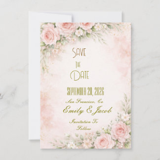 Faire-part de carton plat floral rose tendre "Save