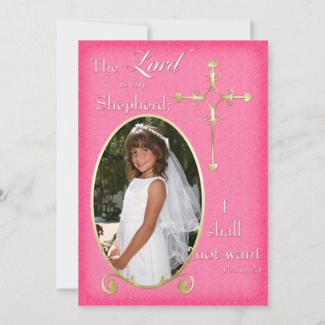 Faire-part de communion photo croisée rose et or (Devant)
