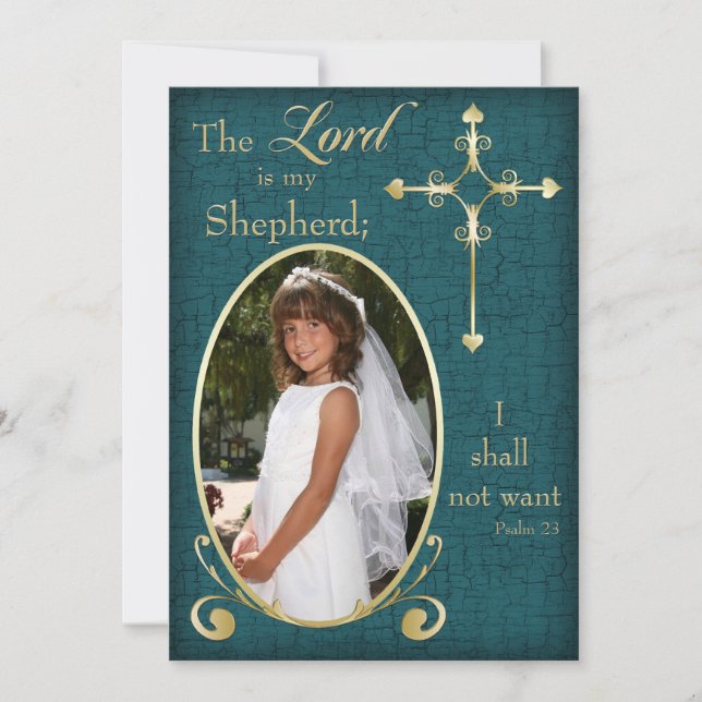 Faire-part de communion photo Croix turquoise et G (Devant)