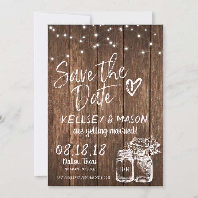 Faire-part de date de Rustic Wood avec pots Mason  (Devant)