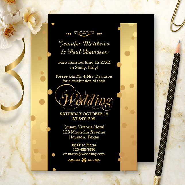 Faire-part de départ ou de soirée après mariage Co (Post wedding reception invitation in gold and black with festive confetti sparkles)
