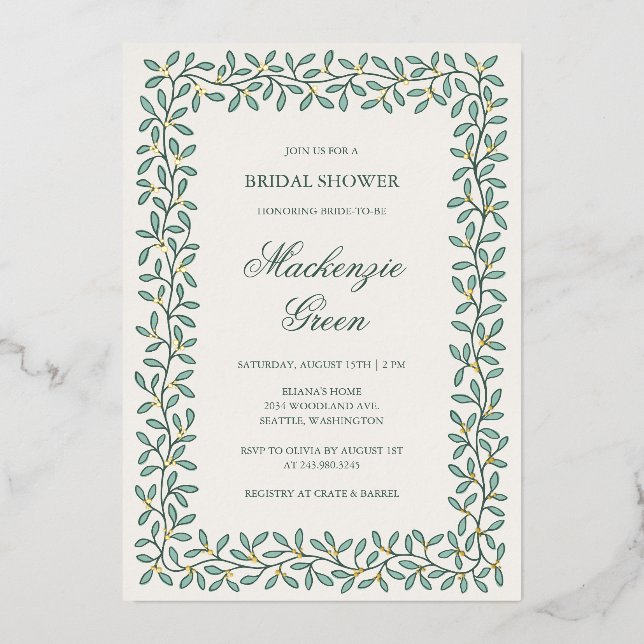 Faire-part de douche de mariée avec bordure botani (Recto)