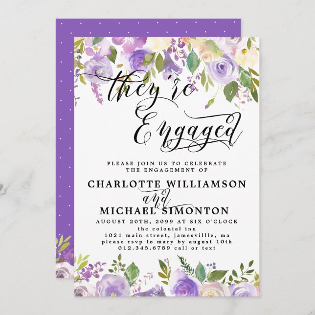 Faire-part de Fiançailles floral violet et blanc (Devant / Derrière)