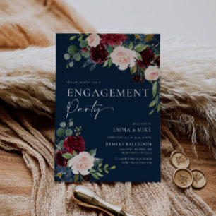 Faire-part de fiançailles Navy Floral Burgundy Blu