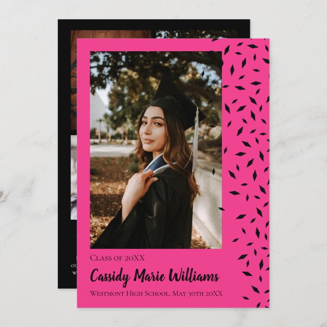 Faire-part de graduation de Confetti Rose Noir (Devant / Derrière)