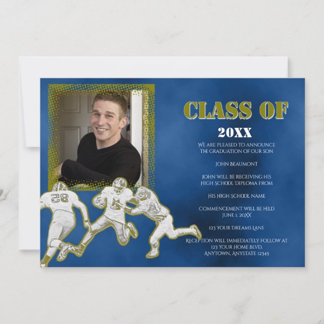 Faire-part de graduation de football bleu et or (Devant)