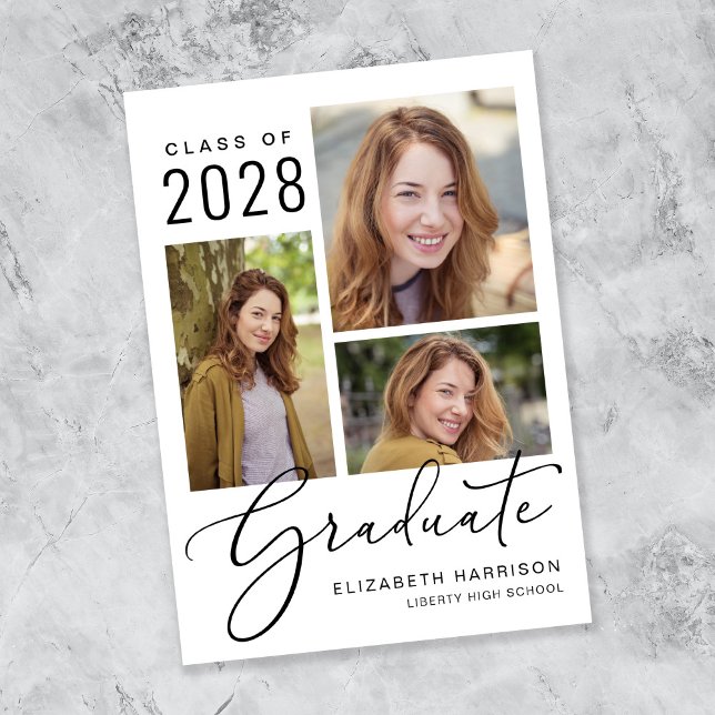 Faire-part de graduation du script de collage de p (An elegant photo collage graduation announcement to celebrate the graduate's achievements)