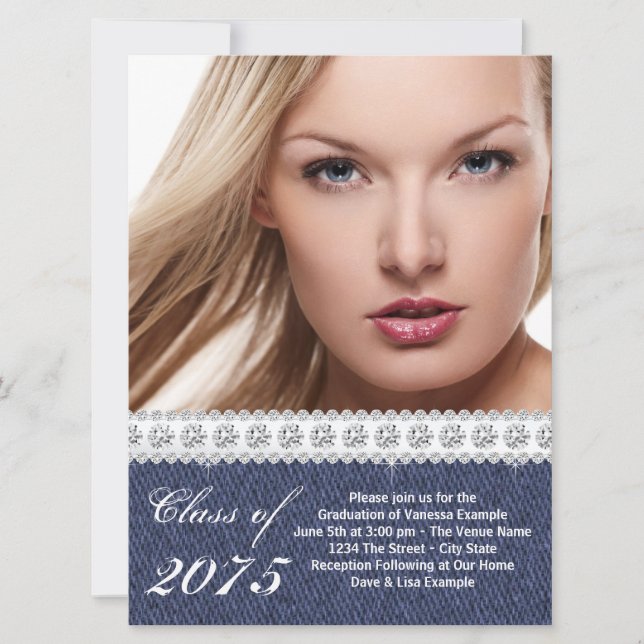 Faire-part de graduation en Denim Bleu et Diamant (Devant)