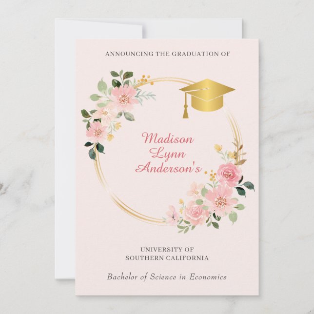 Faire-part de graduation florale rose (Devant)