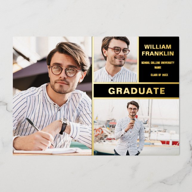 Faire-part de graduation photo Black and Gold Foil (Recto)