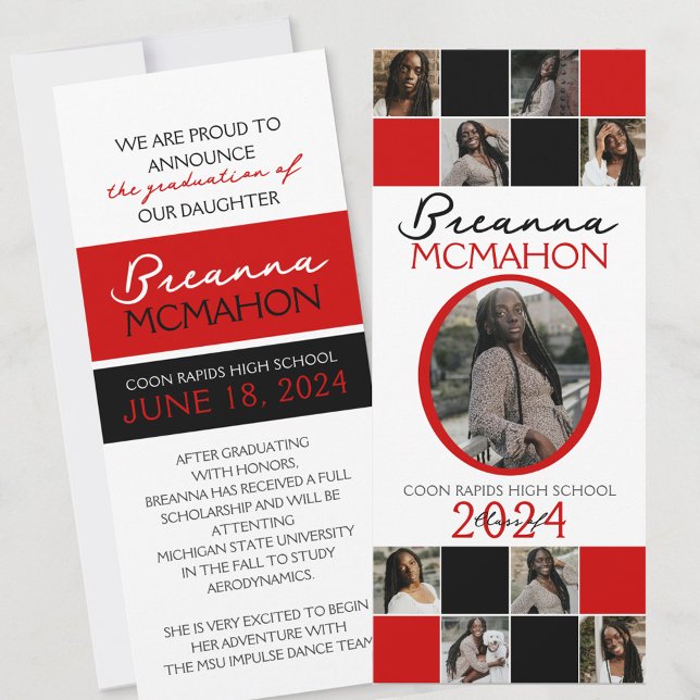 Faire-part de graduation photo rouge et noir 9 (9 Photo Graduation Announcement in White, Black and Red Elegant, formal & classy!)
