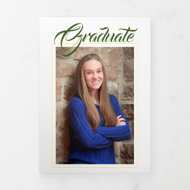 Faire-part de graduation photo vert et jaune or (Page de couverture)