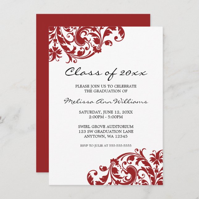 Faire-part de graduation Red et Black Swirl (Devant / Derrière)