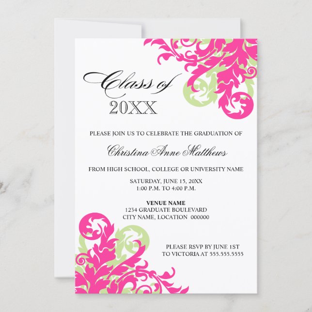 Faire-part de graduation rose verte (Devant)