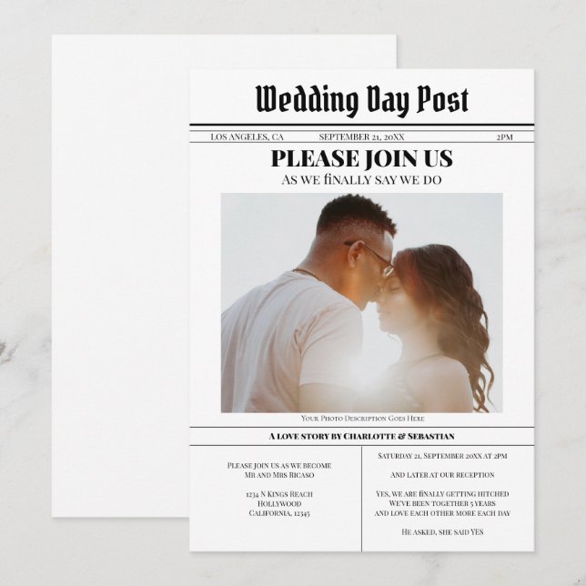 Faire-part de journal Mariage moderne amusant (Devant / Derrière)