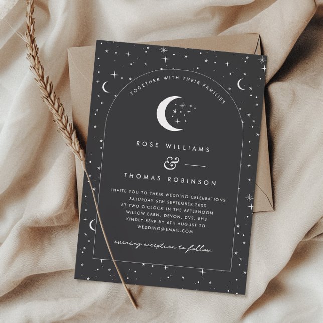 Faire-part de mariage à arc céleste de charbon (Zazzle Charcoal Celestial Arched Wedding Invitation Photo)