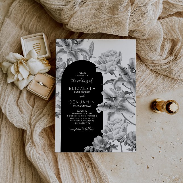 Faire-part de mariage à arche floral noir et blanc (Créateur téléchargé)