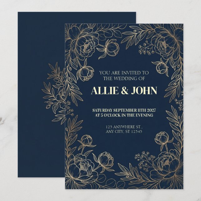 Faire-part de mariage à bordure de pivoine dorée e (Devant / Derrière)