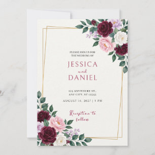 Faire-part de mariage à bordure dorée et florale d