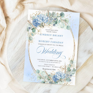 Faire-part de mariage à cadre doré et floral bleu