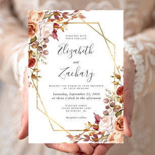 Faire-part de mariage à cadre doré floral automne 