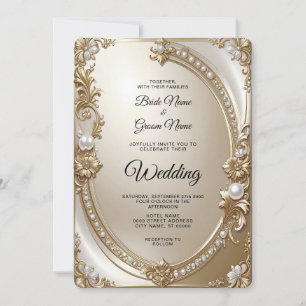 Faire-part de mariage à cadre orné doré avec perle