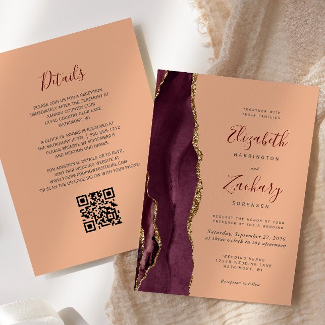 Faire-part de mariage à code QR Agate Or Bourgogne (Créateur téléchargé)