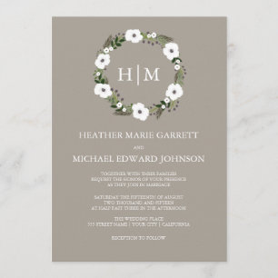 faire-part de mariage à couronne florale - taupe