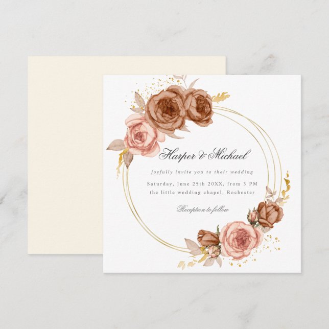 faire-part de mariage à couronne rose brun doré (Devant / Derrière)