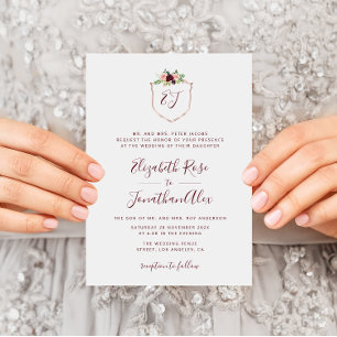 faire-part de mariage à crête florale bordeaux et 