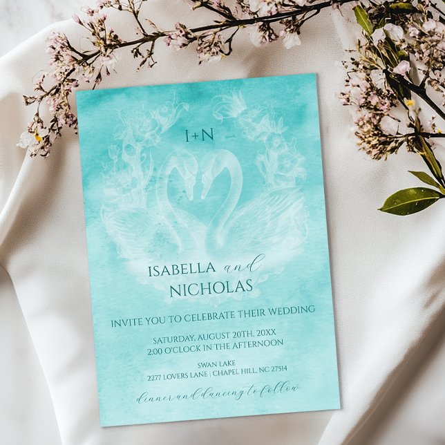 Faire-part de mariage à cygne turquoise avec Monog (Teal Romantic Wedding Invite)