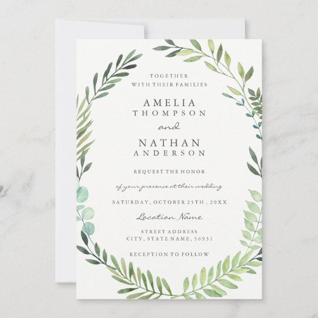 Faire-part de mariage à feuilles d'aquarelle verte (Devant)