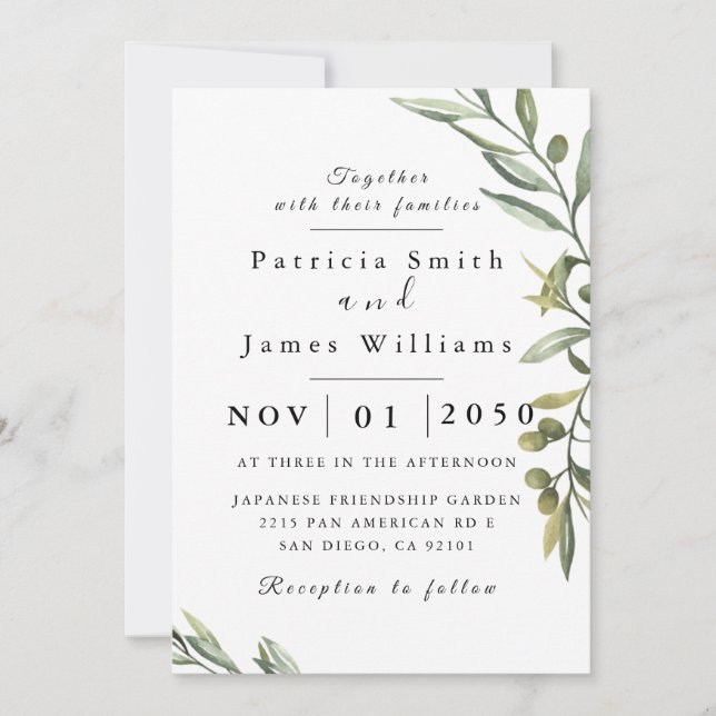 Faire-part de mariage à feuilles d'olive (Devant)