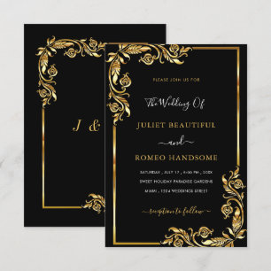 Faire-part de mariage à feuilles dorées encadrées 