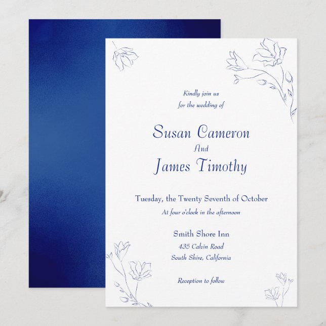 Faire-part de mariage à fleurs couleur bleu prince (Devant / Derrière)