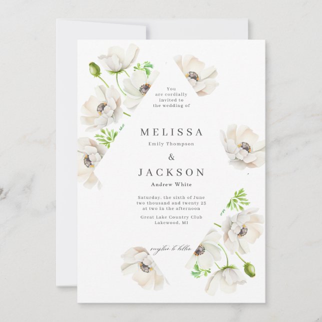 Faire-part de mariage à fleurs d'anémones blanches (Devant)