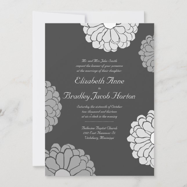 Faire-part de mariage à fleurs gris de Zinnia (Devant)