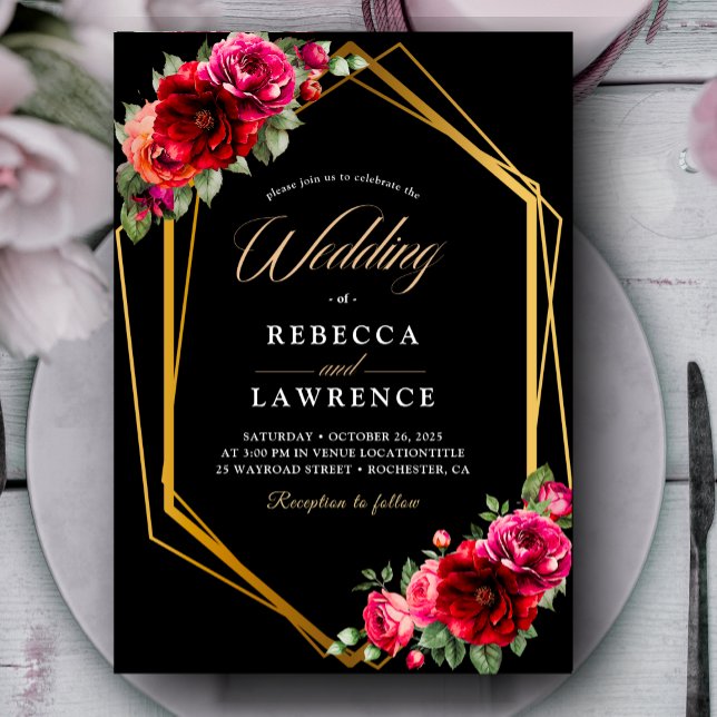 Faire-part de mariage à fleurs noir rouge chic (Créateur téléchargé)