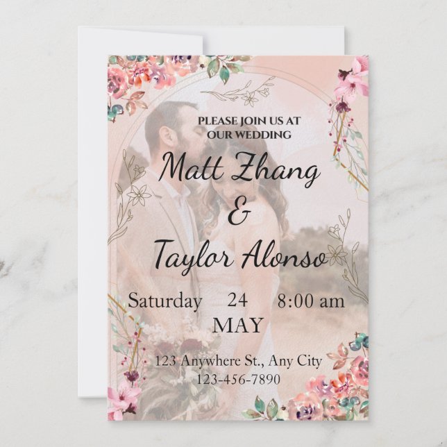 Faire-part de mariage à fleurs roses, personnalisé (Devant)