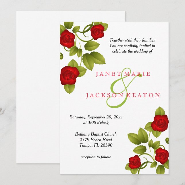 Faire-part de mariage à fleurs rouge (Devant / Derrière)