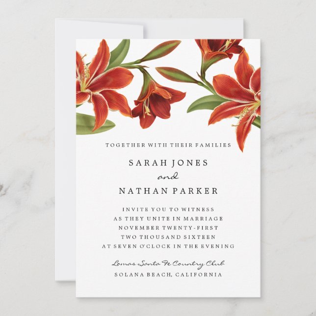 Faire-part de mariage à fleurs rouge et orange Ama (Devant)