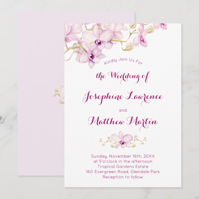 Faire-part de mariage à fleurs tropicales violette (Devant / Derrière)