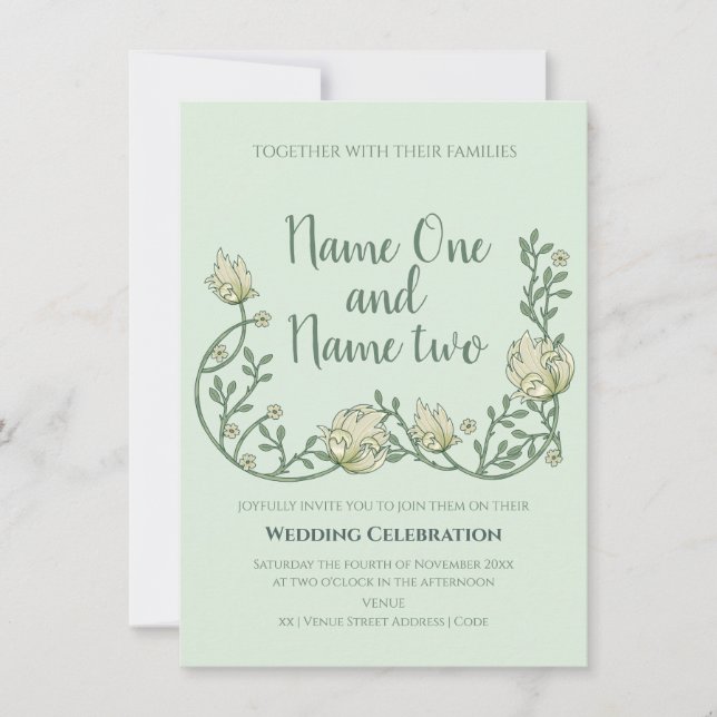 Faire-part de mariage à fleurs vertes de style Art (Devant)