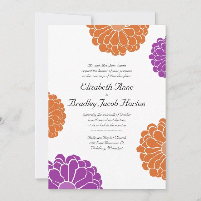 Faire-part de mariage à fleurs violet et orange Zi (Devant)