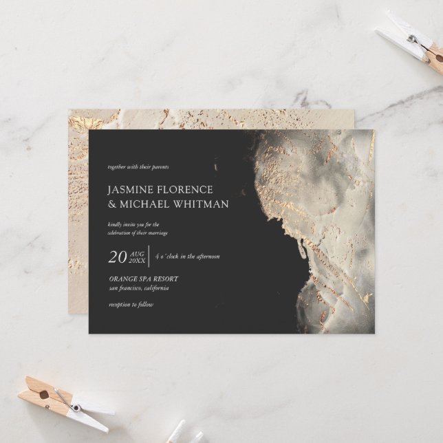 Faire-part de mariage à huile d'or texturé (Devant/Arrière en situation)