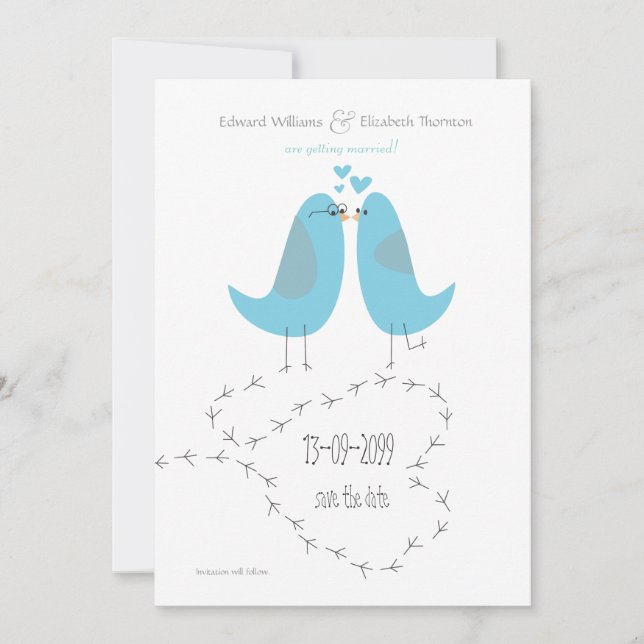Faire-part de mariage à la date d'oiseaux amoureux (Devant)