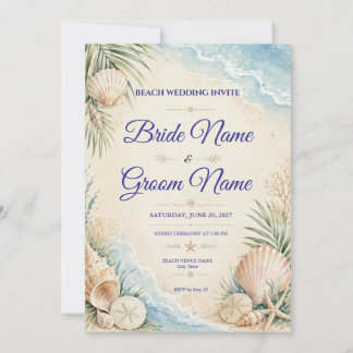 Faire-part de mariage à la plage à l'aquarelle ave