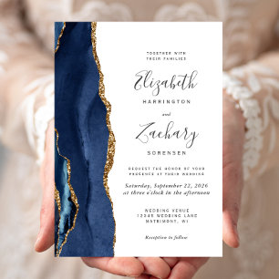 Faire-part de mariage à l'agate or bleu marine mod
