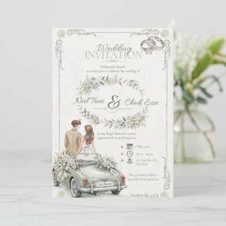 Faire-part de mariage à l'aquarelle avec voiture v